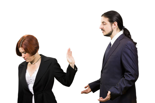 Сумна бізнес-леді відмовляються слухати бізнесмена
 - Фото, зображення