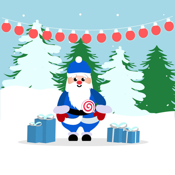 Санта в синем костюме держит конфеты
 - Вектор,изображение