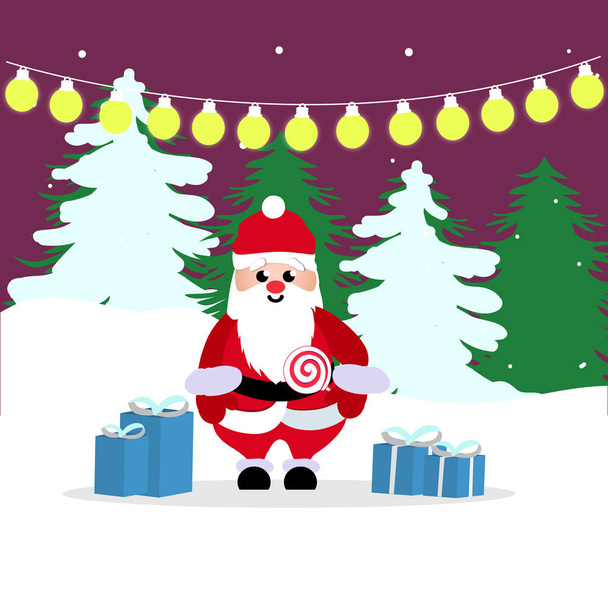 Санта в красном костюме держит конфеты
 - Вектор,изображение