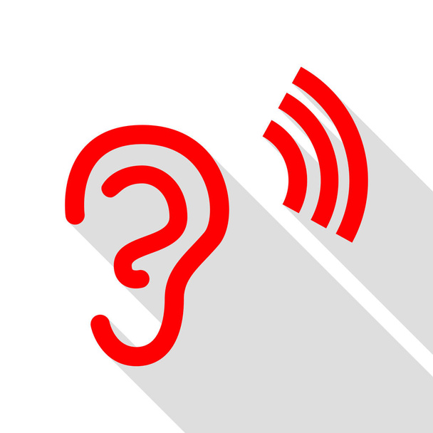 人間の耳の標識です。フラット スタイルのシャドウのパスの付いた赤いアイコン. - ベクター画像
