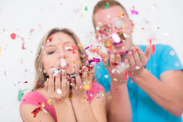 romantic young  couple celebrating  party with confetti - Foto, Imagem