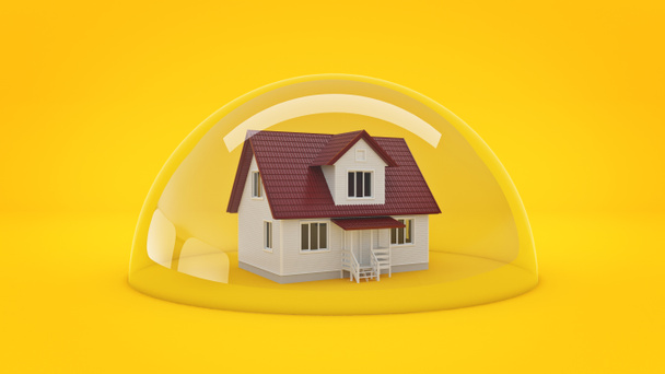 Dom pod szklana Tarcza, koncepcja ochrony. renderowania 3D - Zdjęcie, obraz