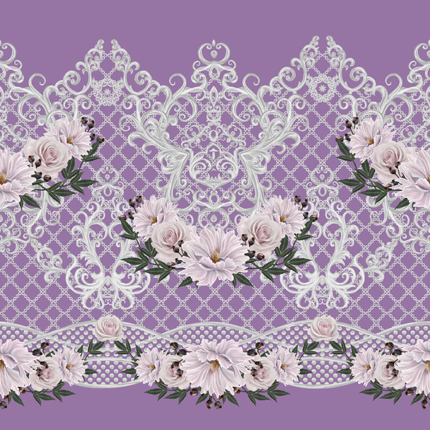 Seamless pattern border. Openwork weaving delicate, silver background, shiny lace, vintage old style arabesques. Edging decorative. Bouquets of pink pastel roses. - Foto, immagini