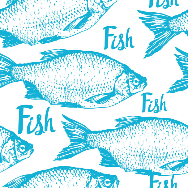 Vector illustration with sketches of rudd fish. Hand-drawn seamless background blue color. Seafood pattern. - Vecteur, image