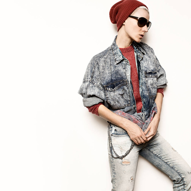 Model Tomboy hipster concept Blue denim clothes Stylish fashion  - Foto, afbeelding