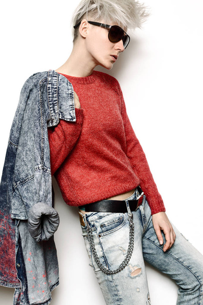 Model Tomboy hipster concept Blue denim clothes Stylish fashion  - Foto, Imagem
