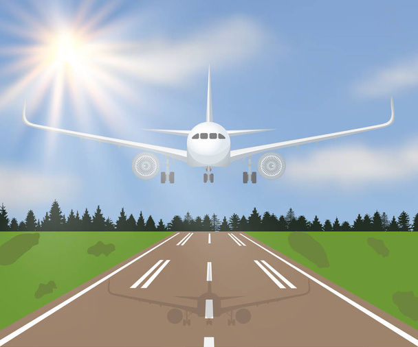 Векторна ілюстрація посадки або зльоту літака з лісом, травою і сонцем на фоні неба
 - Вектор, зображення