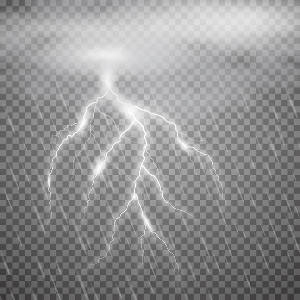 Ρεαλιστική διάνυσμα αστραπή με βροχή, σύννεφο στο τετραγωνισμένο φόντο. Φωτεινό, ηλεκτρικό αστραπή - Διάνυσμα, εικόνα