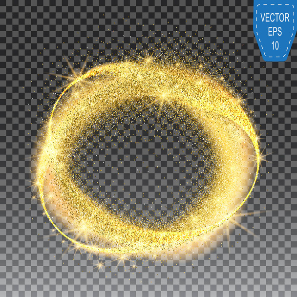 Illustartion of Gold glittering star dust circle on checkered background, Vector shining twisted glitter comet trails. Special light flare effect - Vector, Image