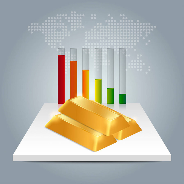 Η τιμή του χρυσού έννοια. Η τιμή του χρυσού πέσει κάτω από το γράφημα με παγκόσμιο χάρτη - Διάνυσμα, εικόνα