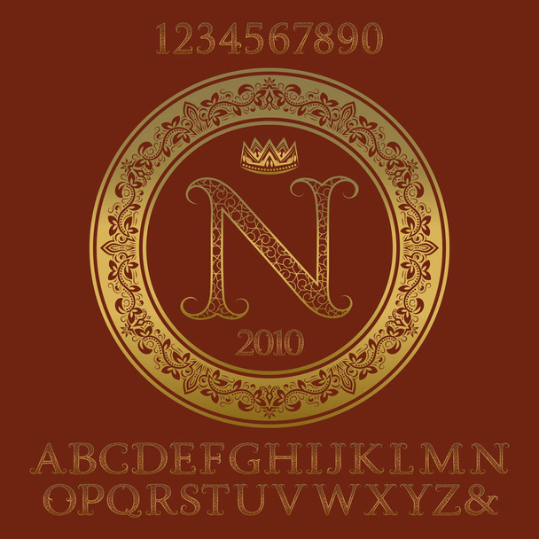 Kultainen koristeellinen kirjaimia ja numeroita alkuperäisen monogrammi. Koristeellinen kuviollinen fontti ja elementit pakki logo suunnittelu
. - Vektori, kuva
