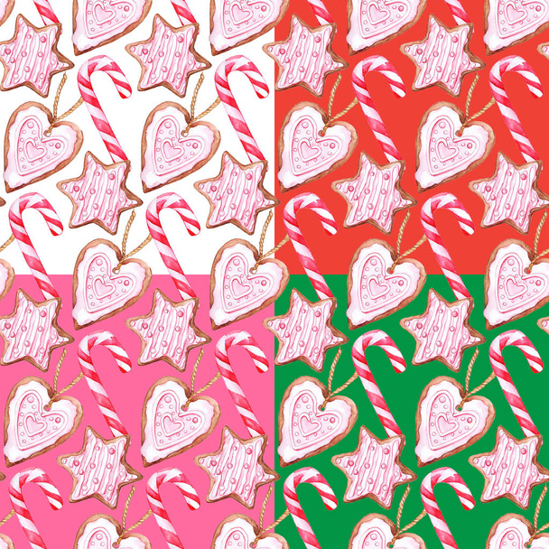 Bolachas de gengibre de cana-de-açúcar de Natal aquarela sem costura conjunto padrão
 - Foto, Imagem