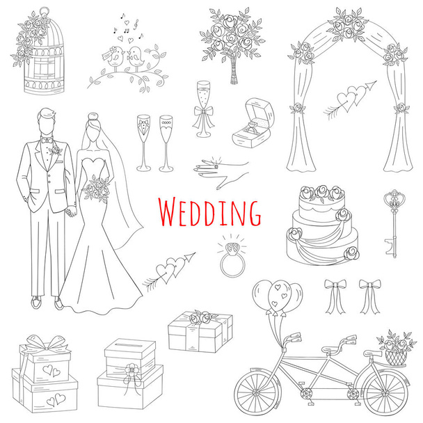 結婚式の手描きアイコンのベクトルを設定 - ベクター画像