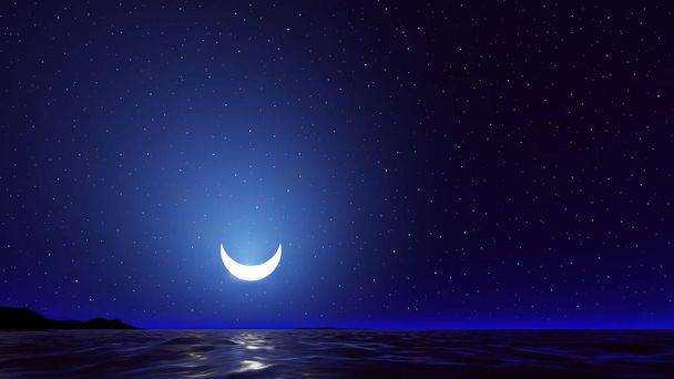 Vector night sky with ocean, moon stars background - Vector, Image
