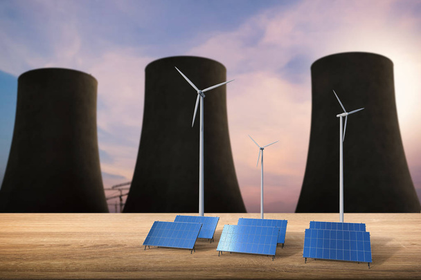 concept énergétique avec cellules solaires, éoliennes et réaction nucléaire
 - Photo, image