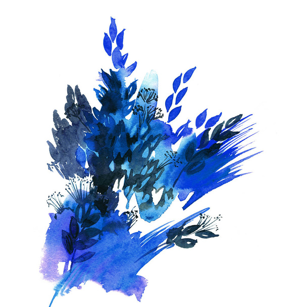 Akvarell, kézzel festett absztrakt téli levelek, kék színben.  - Fotó, kép