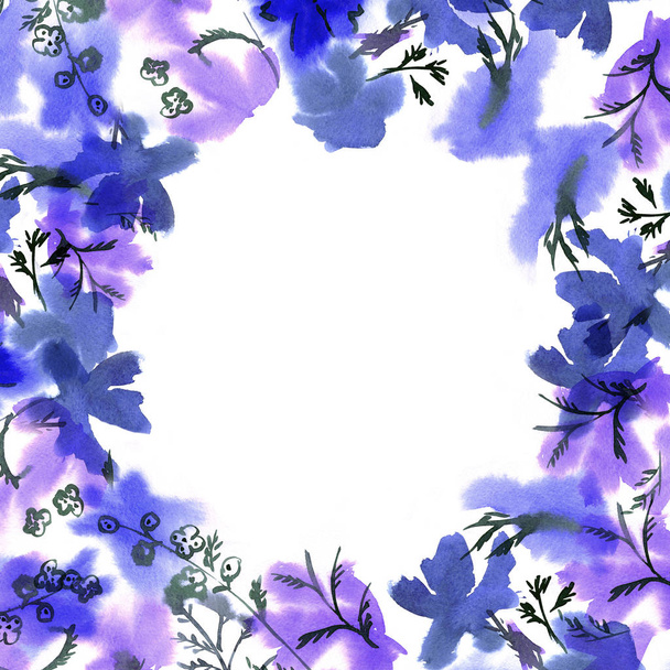 Şirin suluboya çiçek çerçeve. Arka plan ile suluboya mavi çiçekler - Fotoğraf, Görsel