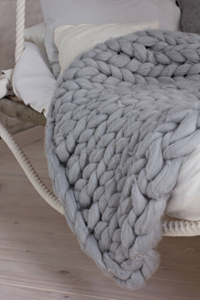 Bed, Scandinavian style, gray plaid. - Фото, зображення