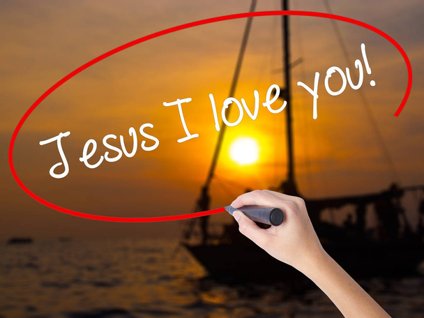 Woman Hand Writing Jesus ¡Te amo! con un marcador sobre el transpar
 - Foto, Imagen