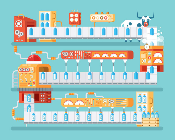illustrazione verticale di trasportatore di latte isolato con imballaggio e imbottigliamento in stile piatto
 - Vettoriali, immagini