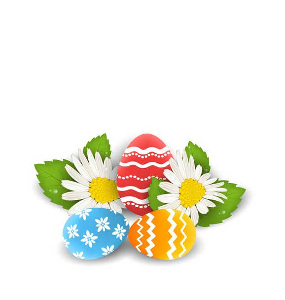traditionelle bunte verzierte Eier mit Blumen Kamillen für Osten - Foto, Bild