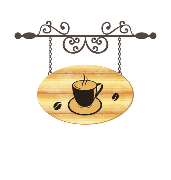 コーヒー カップと木製鍛造記号 - 写真・画像