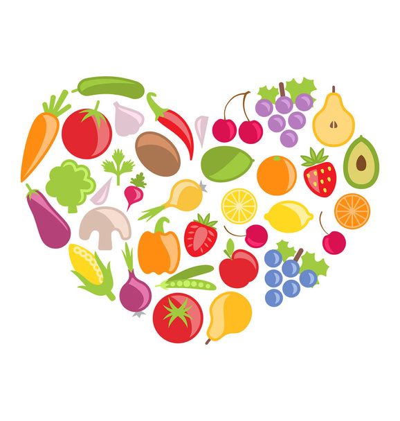 Set Colorful Vegetables and Fruits in Heart Shape - Foto, Imagem
