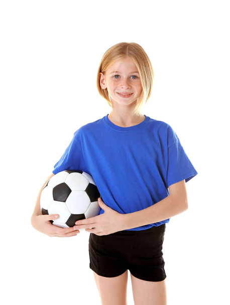 Cute girl with football ball on white background - Zdjęcie, obraz