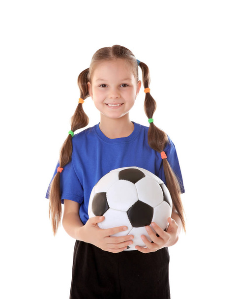 Cute girl with football ball on white background - Photo, image