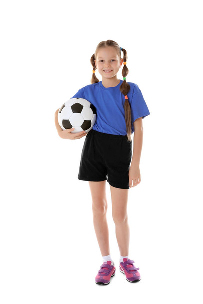 Cute girl with football ball on white background - Fotó, kép