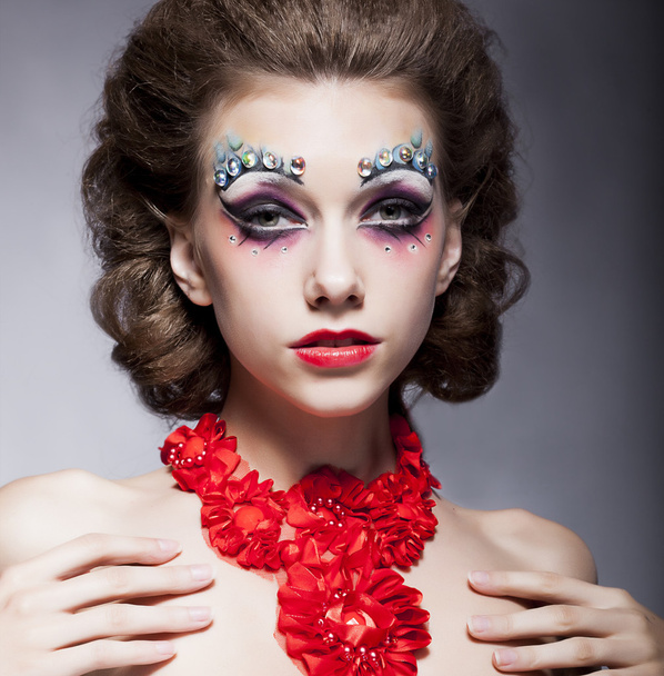 Fashion beautiful theatrical actress young bright woman in necklace - red lips - Фото, зображення