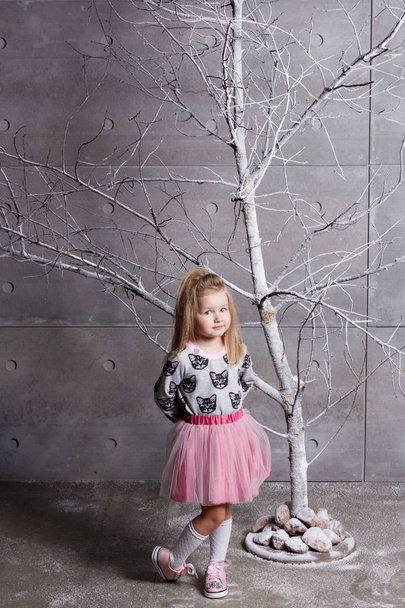 Güzel kız çocuk pembe elbisenin içinde 3 yaşında. tatil gri oda içinde ağaç. - Fotoğraf, Görsel