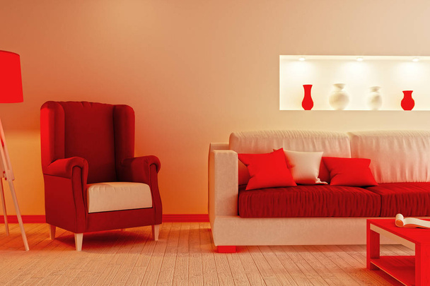Part of the living room in red and white colors (imitation Christmas). - Foto, Imagem
