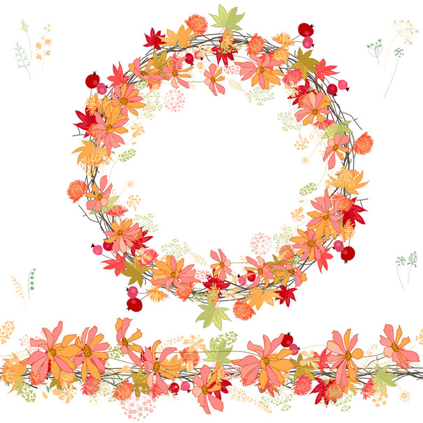 Round autumn wreath and horizontal border on white background. - Vettoriali, immagini