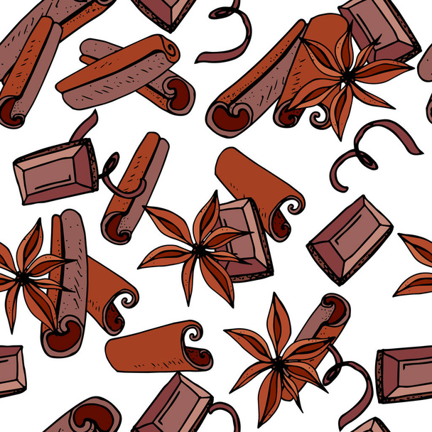 Seamless Christmas pattern with cinnamon and chocolate. Endless texture for festive design - Vector, Image