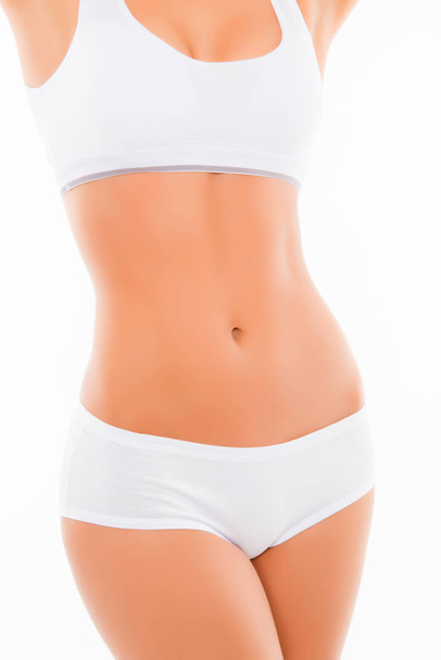 Close up of healthy fit slim woman's body in white underwear - Photo, image