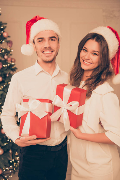 Portrait of happy young family  holding Christmas presents - Fotoğraf, Görsel