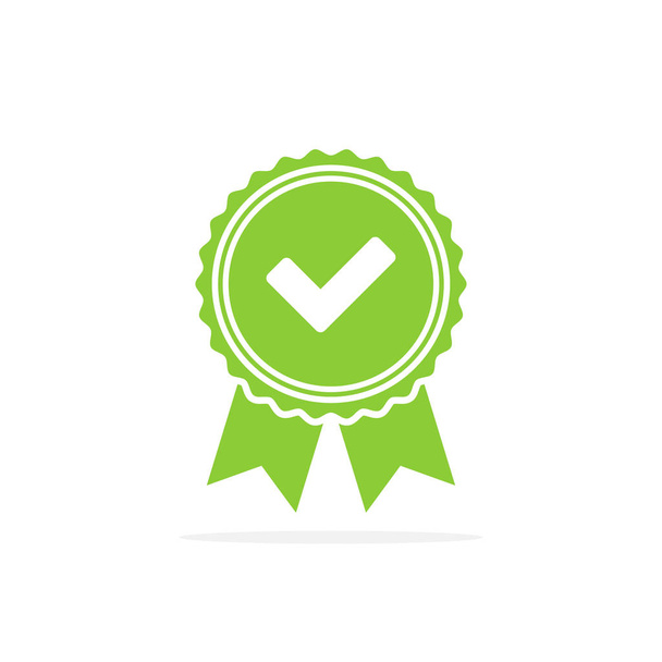 Groen goedgekeurd of gecertificeerd medaille pictogram in een platte ontwerp met schaduw - Vector, afbeelding