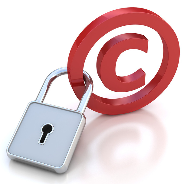 rotes glänzendes Urheberrechtsschild mit Vorhängeschloss auf weißem Hintergrund - Foto, Bild