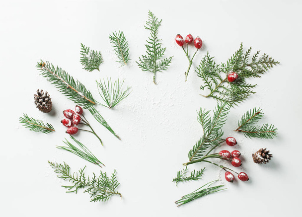 Creative mockup layout made of christmas tree and red snowy holly berries branches with copy space on white. Homemade flat lay concept - Photo, Image