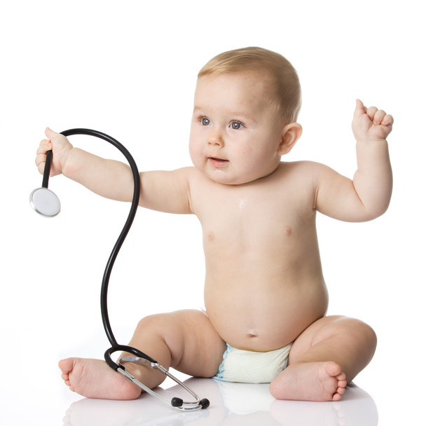 Adorable Baby Boy with stethoscope on white background - Foto, Imagen