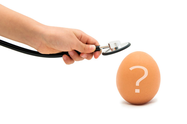 Проверка на здоровое яйцо, яйцо со стетоскопом на белом фоне
. - Фото, изображение