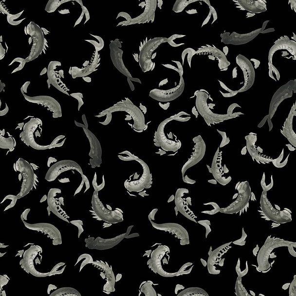 Seamless ink hand drawn pattern with calligraphy koi  - Φωτογραφία, εικόνα