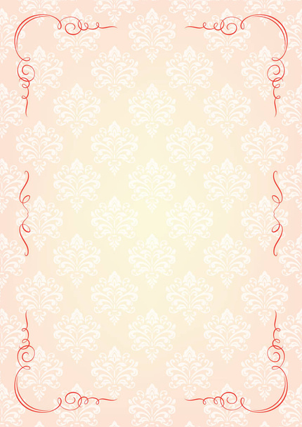 Rectangular vignette frame on mixed background with damask pattern. A4 page proportions. - Wektor, obraz