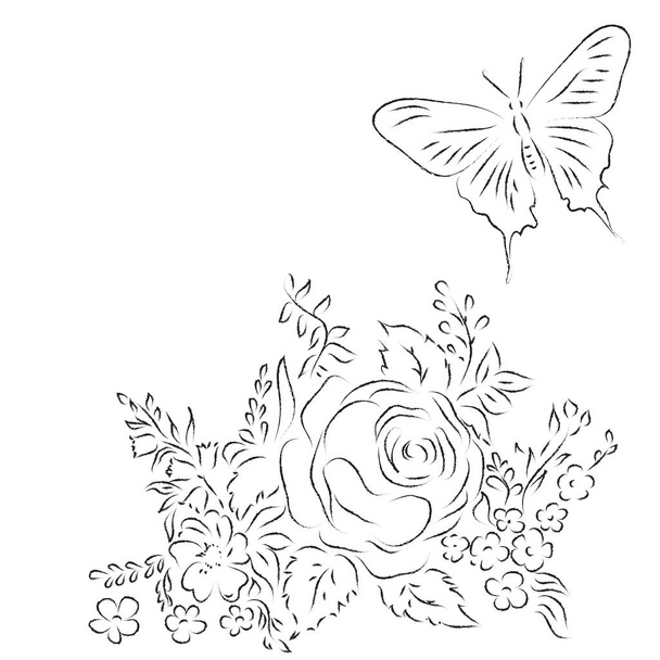Bouquet of different flowers, butterfly. Sketch, outlines, pencil or coal imitation. Elements for page decoration. - Διάνυσμα, εικόνα
