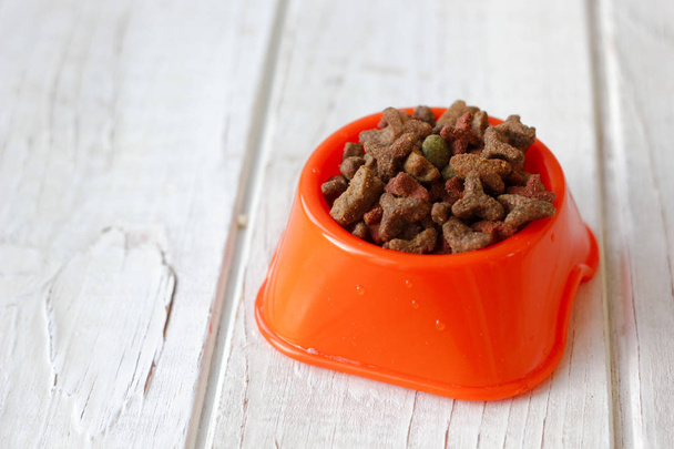 Pets food on cat bowl. Dry feed on orange bowl. - Фото, зображення