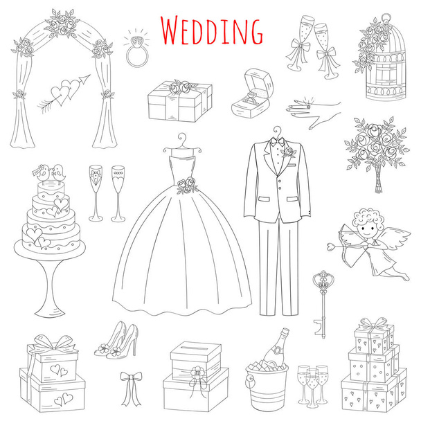 Kézzel rajzolt esküvői ikonok vektoros csoportja - Vektor, kép