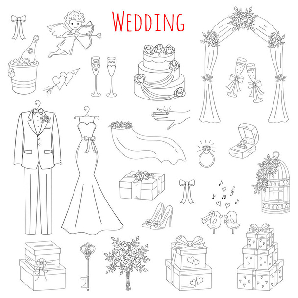 Vektor-Set von handgezeichneten Hochzeitssymbolen - Vektor, Bild