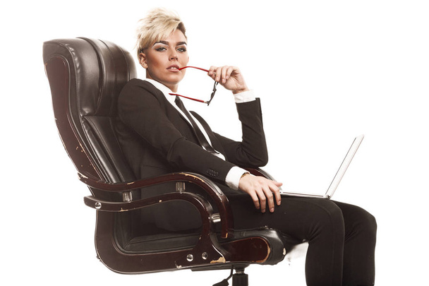 Blond beautiful business lady in black suit - Foto, Imagem