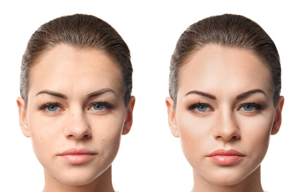 Mulher rosto antes e depois de aplicação de maquiagem profissional, fundo branco. Conceito de beleza
 - Foto, Imagem